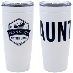 white stainless steel 20 oz tumbler with 1855 Penn State Nittany Lions graphic on one side, Aunt on the other